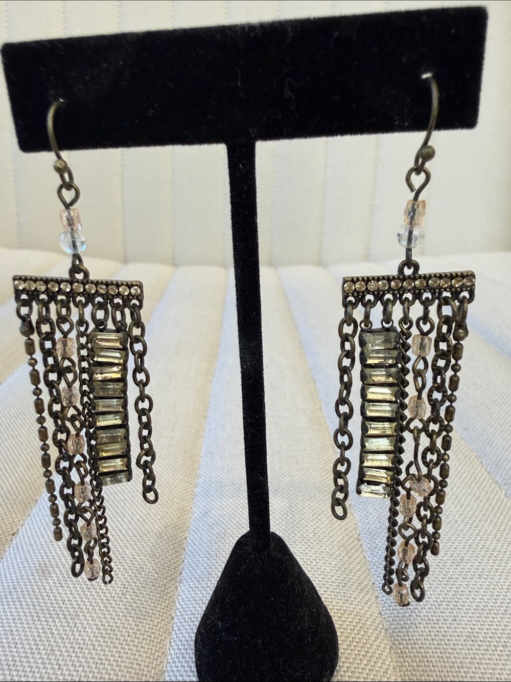 Antique Brass Cascade Fringe Earrings with Clear Crystal Accents
